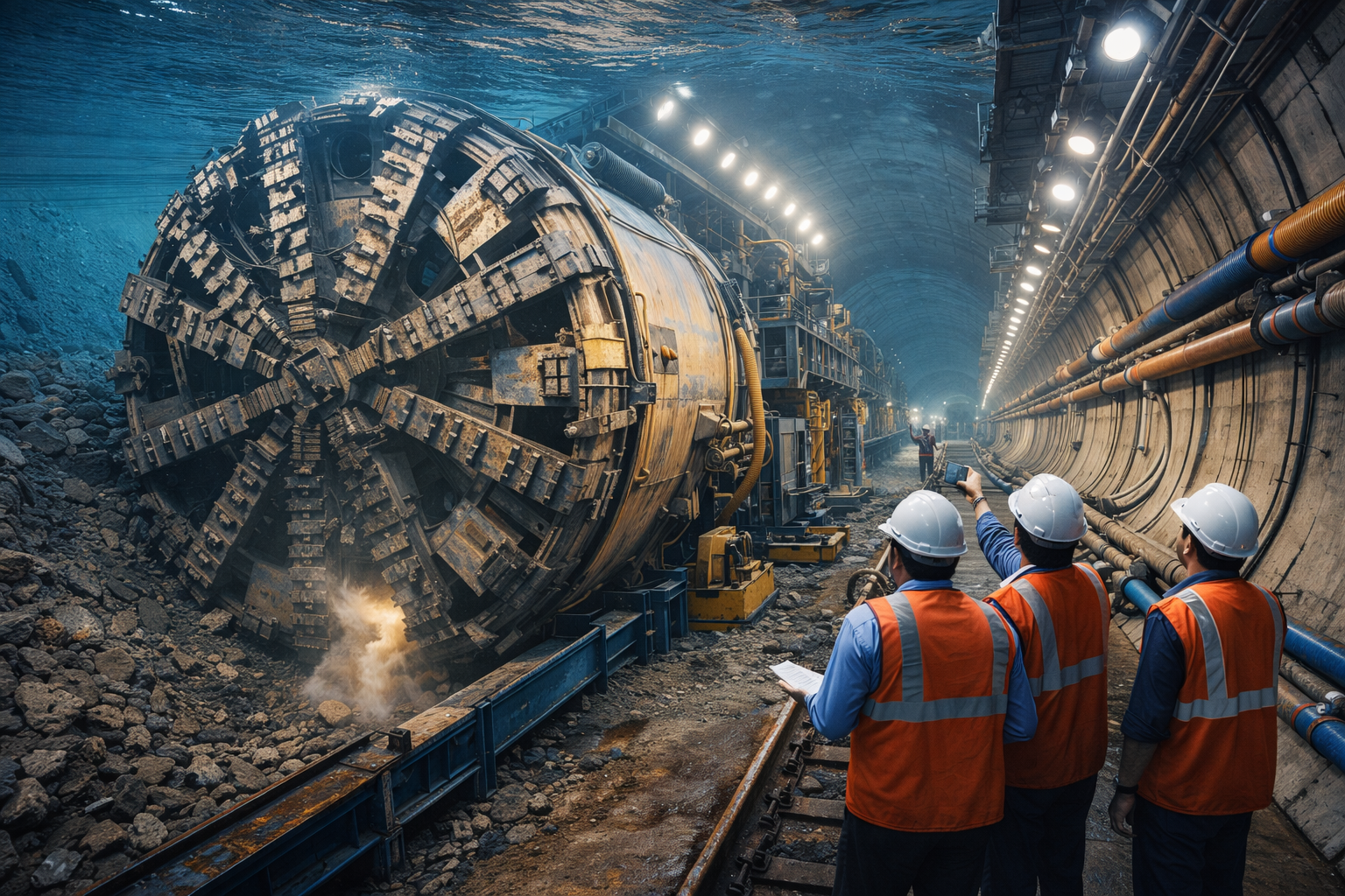 अंडरवाटर रोड-रेल टनल योजना के तहत ब्रह्मपुत्र नदी के नीचे निर्माण कार्य का दृश्य