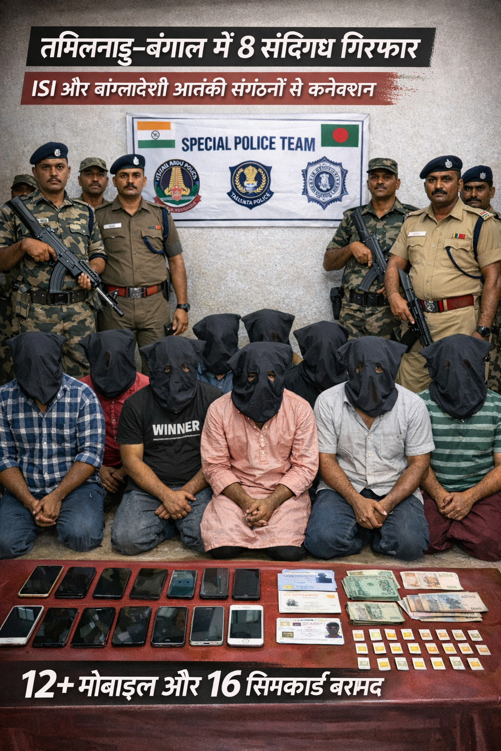 तमिलनाडु और पश्चिम बंगाल से गिरफ्तार 8 संदिग्धों को पेश करती दिल्ली पुलिस स्पेशल सेल की टीम