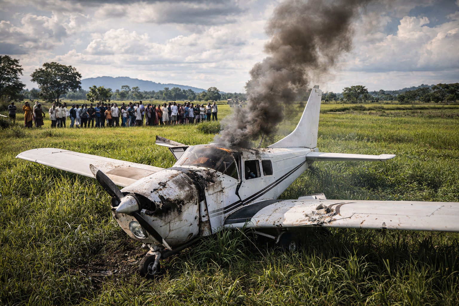 कर्नाटक प्राइवेट ट्रेनी प्लेन क्रैश, खेत में दुर्घटनाग्रस्त विमान की तस्वीर