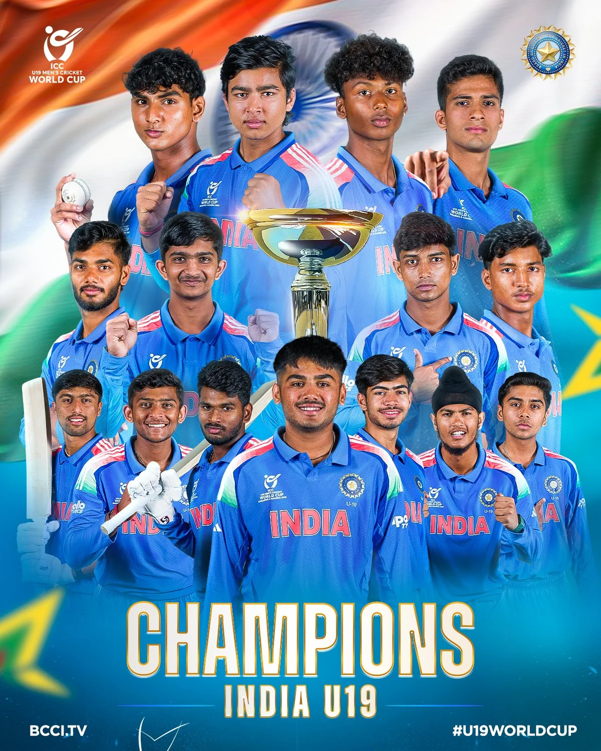 India U19 World Cup 2026 जीत के बाद ट्रॉफी के साथ जश्न मनाती टीम इंडिया