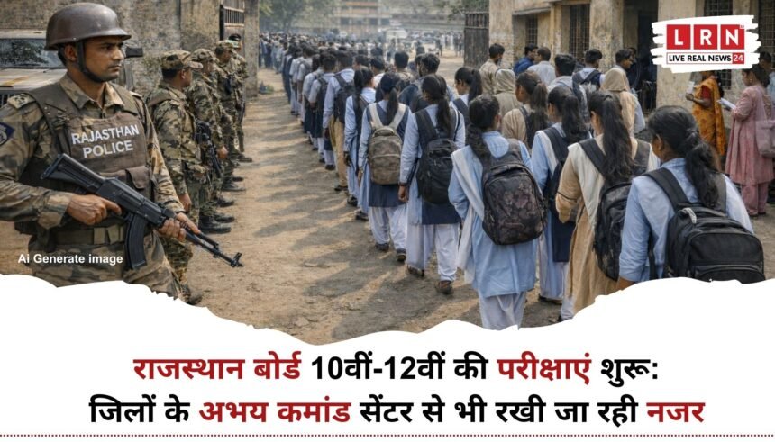 राजस्थान बोर्ड परीक्षा 2026 के दौरान परीक्षा केंद्र के बाहर कक्ष नंबर देखते विद्यार्थी