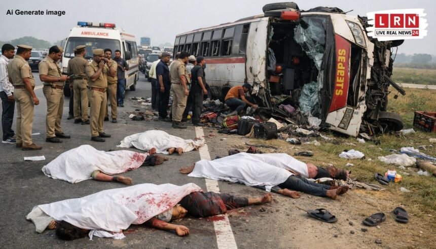 Bus overturned on Purvanchal Expressway near Lucknow Gosainganj accident site