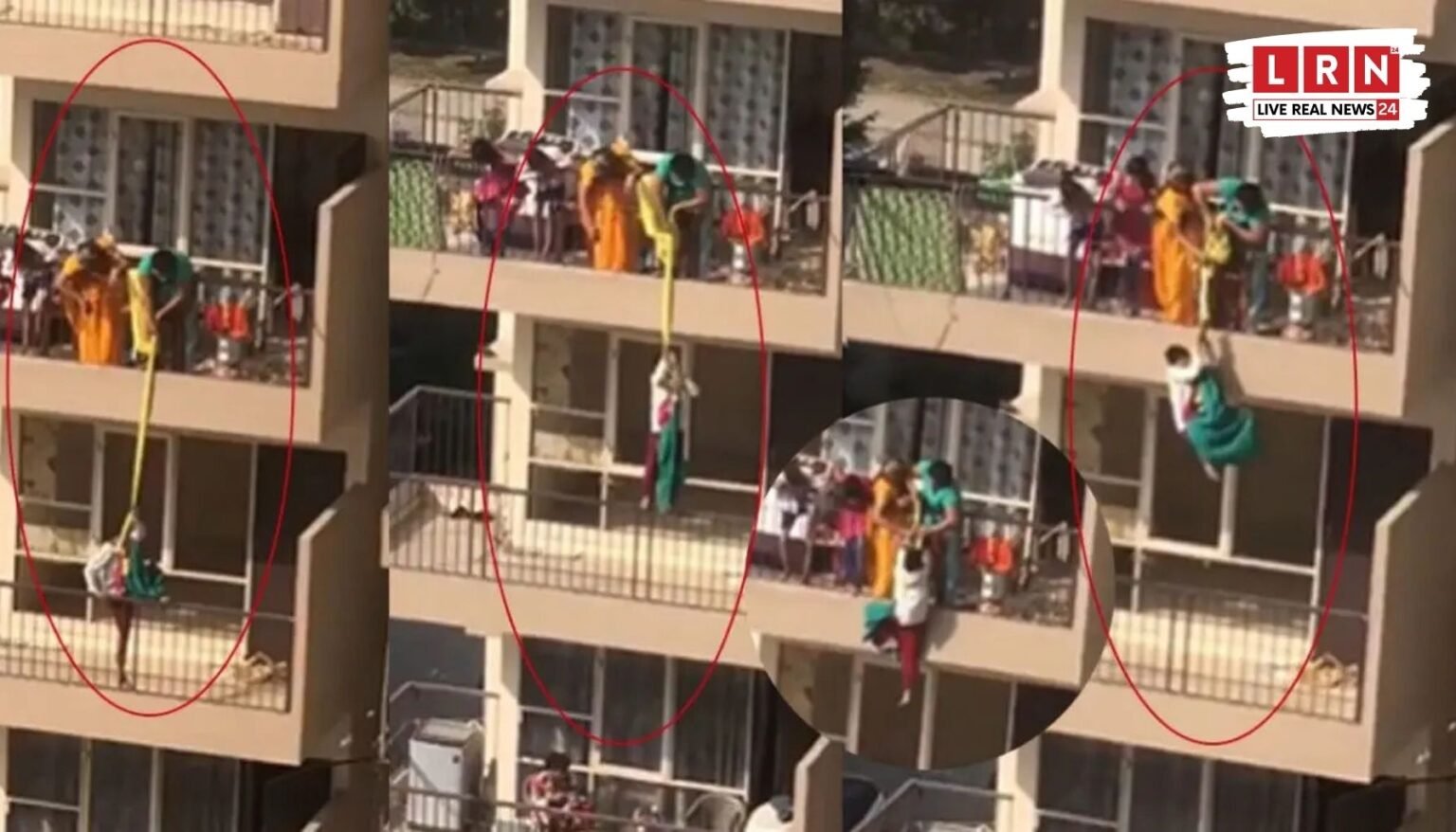 फरीदाबाद की ग्रैंडुरा सोसाइटी में चौथी मंजिल से लटकते बच्चे का वायरल वीडियो दृश्य