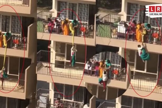 फरीदाबाद की ग्रैंडुरा सोसाइटी में चौथी मंजिल से लटकते बच्चे का वायरल वीडियो दृश्य