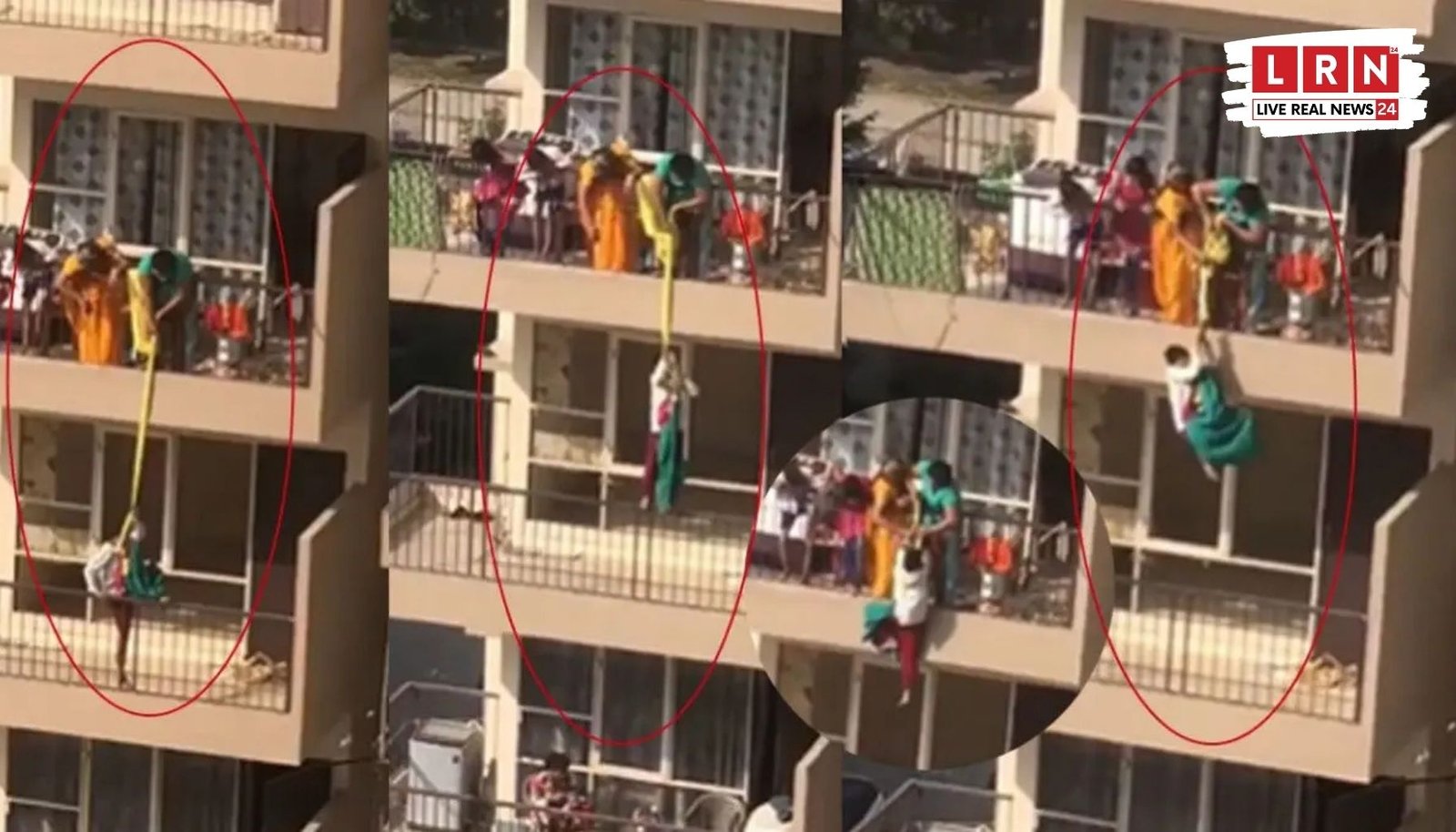 फरीदाबाद की ग्रैंडुरा सोसाइटी में चौथी मंजिल से लटकते बच्चे का वायरल वीडियो दृश्य