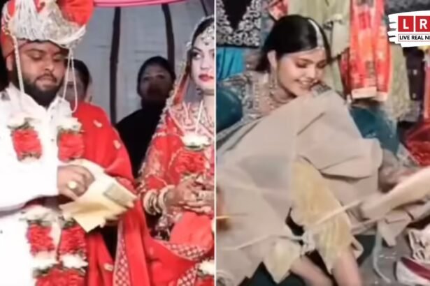 शादी समारोह में दुल्हन की बहन लहंगे में छिपाए जीजा के जूते निकालते हुए, आसपास खड़े लोग हंसते नजर आ रहे हैं।