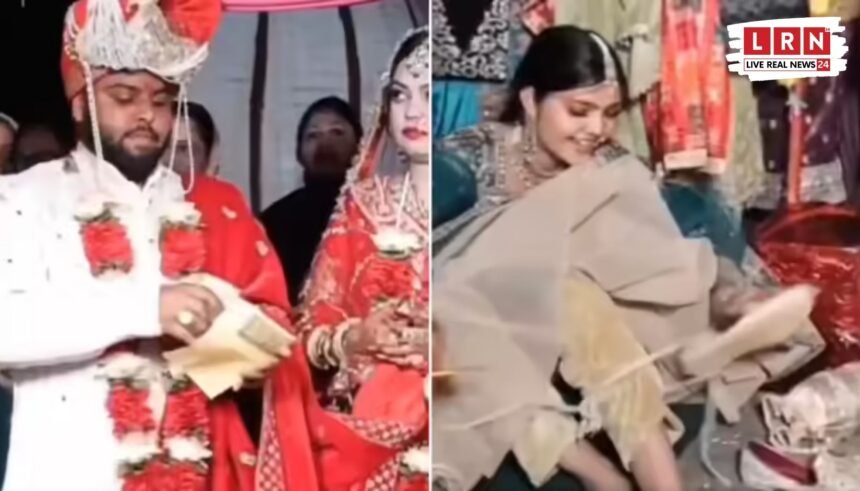 शादी समारोह में दुल्हन की बहन लहंगे में छिपाए जीजा के जूते निकालते हुए, आसपास खड़े लोग हंसते नजर आ रहे हैं।