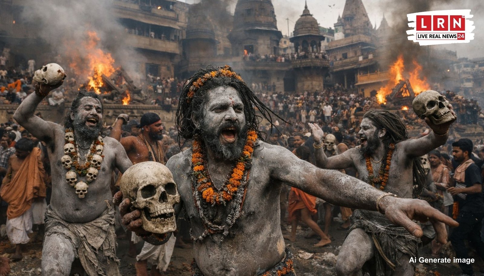 मणिकर्णिका घाट पर नागा साधु चिता की भस्म से होली खेलते हुए