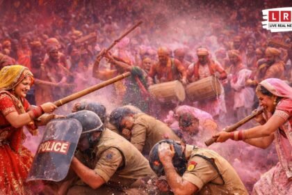 Barsana Lathmar Holi 2026 women hitting sticks on huriyare in colorful streets of Mathura