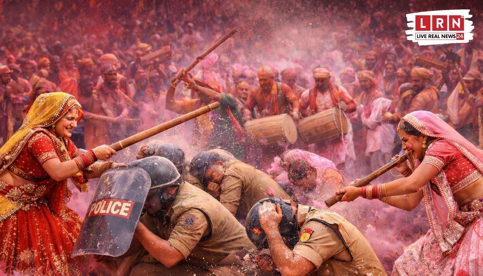 Barsana Lathmar Holi 2026 women hitting sticks on huriyare in colorful streets of Mathura