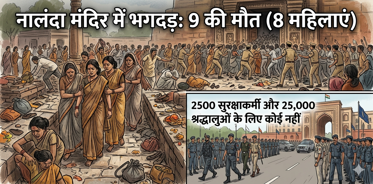 नालंदा शीतला माता मंदिर में भगदड़ के बाद अफरा-तफरी का दृश्य