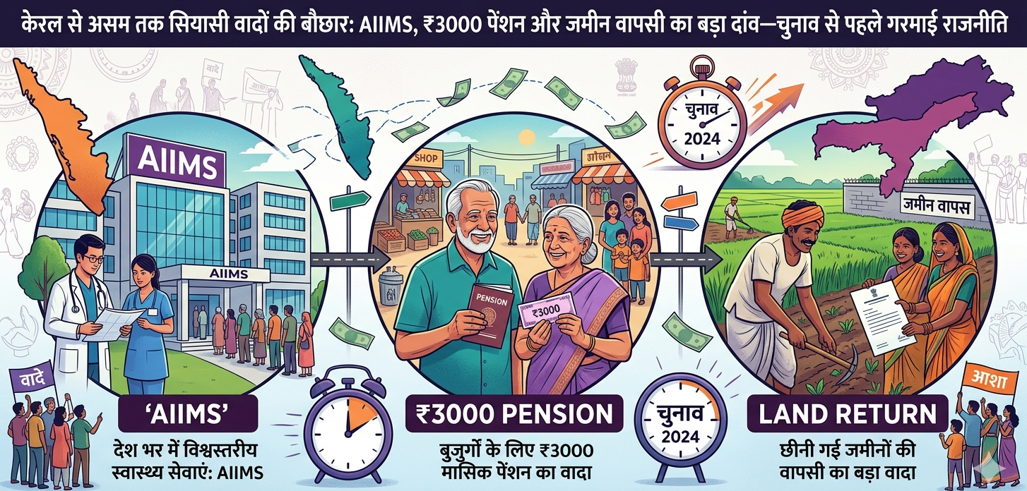 केरल में AIIMS और ₹3000 पेंशन, असम में जमीन वापसी का वादा&mdash;BJP के घोषणापत्र से चुनावी माहौल गरमाया। विपक्ष भी मैदान में पूरी ताकत से उतरा।