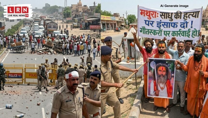 मथुरा हाईवे जाम के दौरान प्रदर्शन और पुलिस लाठीचार्ज