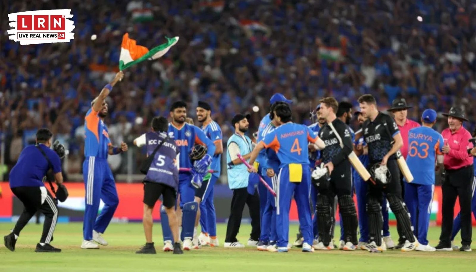 India celebrating T20 World Cup 2026 victory after defeating New Zealand in final at Narendra Modi Stadium