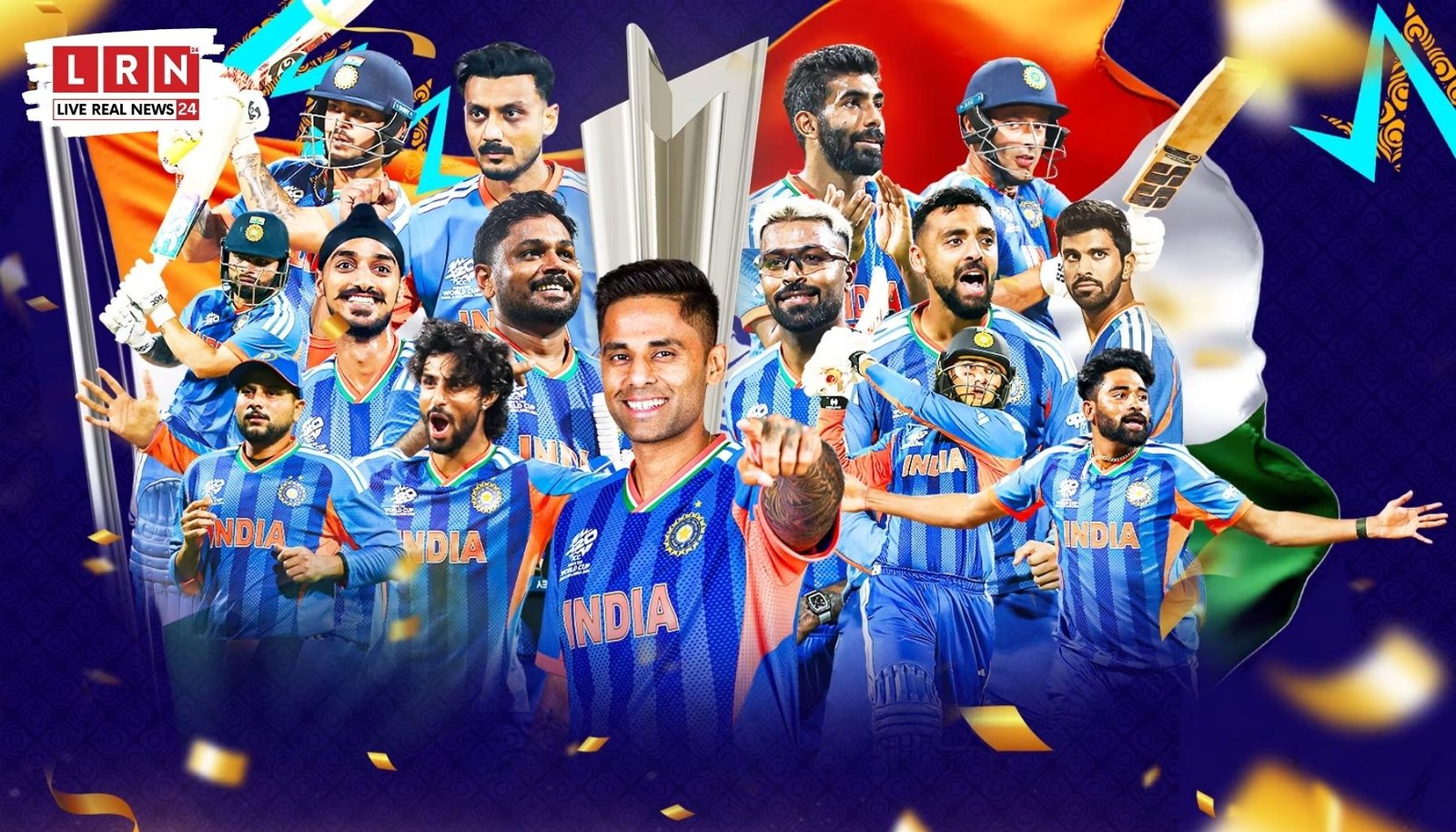 India celebrating T20 World Cup 2026 victory after defeating New Zealand in final at Narendra Modi Stadium