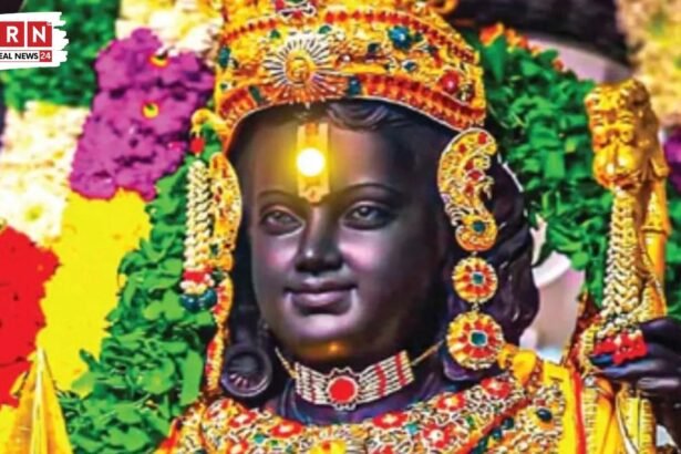अयोध्या राम मंदिर में रामलला के सूर्य तिलक के दौरान ललाट पर पड़ती सूर्य की किरणें