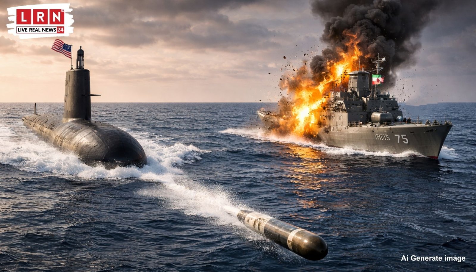 हिंद महासागर में ईरान का युद्धपोत IRIS Dena टॉरपीडो हमले के बाद डूबता हुआ