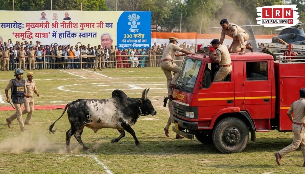 CM नीतीश की सभा से पहले हेलीपैड में घुसा बैल, पुलिसकर्मियों को दौड़ाया; बेगूसराय में सुरक्षा पर उठे सवाल