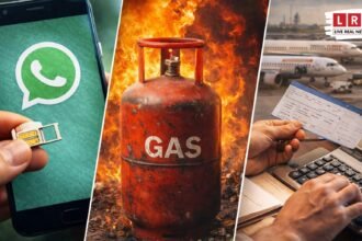 मोबाइल में व्हाट्सएप, गैस सिलेंडर और एयरपोर्ट की तस्वीर के साथ मार्च 2026 के नए नियमों का प्रतीकात्मक दृश्य