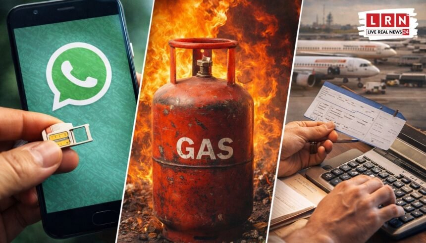 मोबाइल में व्हाट्सएप, गैस सिलेंडर और एयरपोर्ट की तस्वीर के साथ मार्च 2026 के नए नियमों का प्रतीकात्मक दृश्य