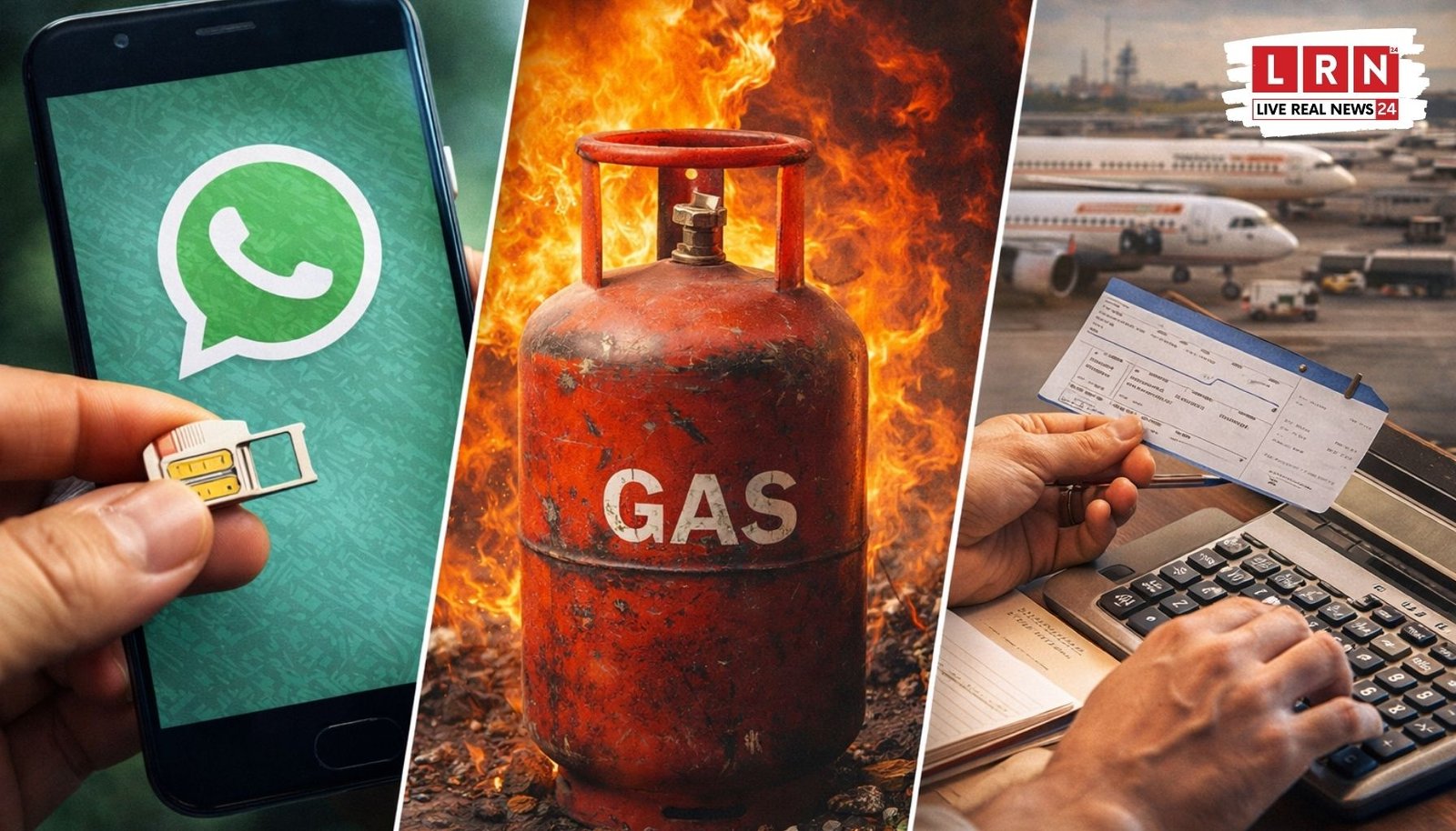 मोबाइल में व्हाट्सएप, गैस सिलेंडर और एयरपोर्ट की तस्वीर के साथ मार्च 2026 के नए नियमों का प्रतीकात्मक दृश्य