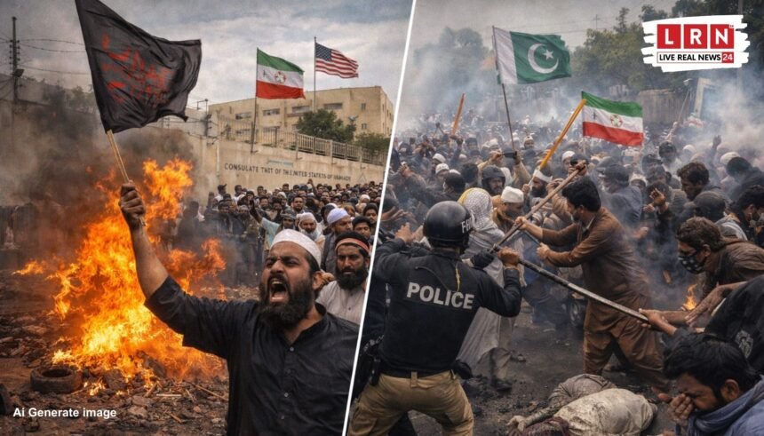 कराची में अमेरिकी वाणिज्य दूतावास के बाहर प्रदर्शनकारियों पर आंसू गैस छोड़ती पुलिस