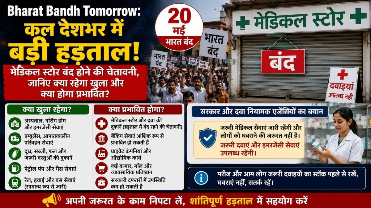 20 मई भारत बंद और मेडिकल स्टोर हड़ताल को लेकर दवा दुकानों के बाहर लगी भीड़ की तस्वीर।