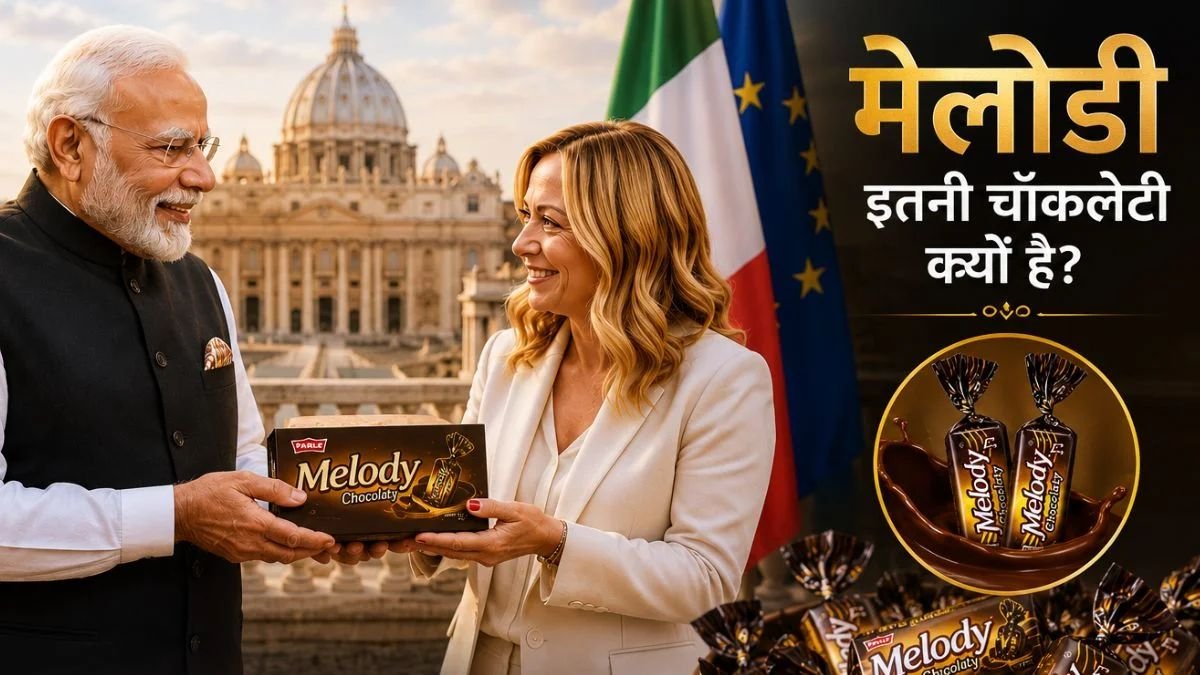 प्रधानमंत्री नरेंद्र मोदी द्वारा इटली की पीएम जॉर्जिया मेलोनी को Melody टॉफी गिफ्ट करते हुए।