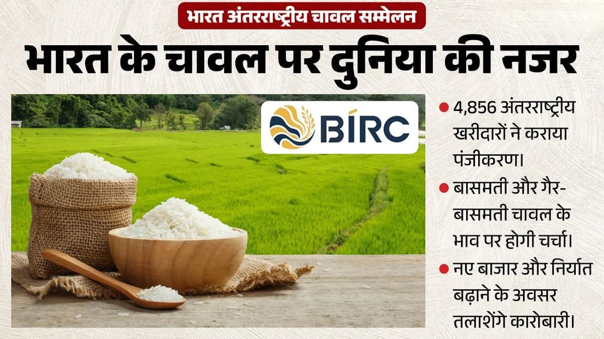 नई दिल्ली के भारत मंडपम में भारत इंटरनेशनल राइस कॉन्फ्रेंस 2026 और वैश्विक चावल व्यापार से जुड़ा प्रतीकात्मक दृश्य।